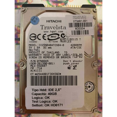Hard Hard Disk Usato Funzionante 100% Ok IDE 2,5" 40GB HITACHI IC25N040ATCS04-0 07N8665 H32687 FEB-03