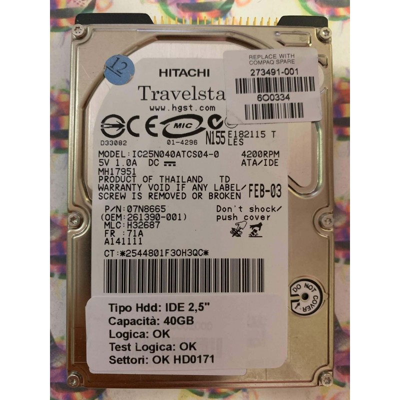 Hard Hard Disk Usato Funzionante 100% Ok IDE 2,5" 40GB HITACHI IC25N040ATCS04-0 07N8665 H32687 FEB-03