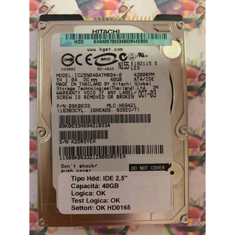 Hard Hard Disk Usato Funzionante 100% Ok IDE 2,5" 40GB HITACHI IC25N040ATMR04-0 08K0633 H69421 OCT-03