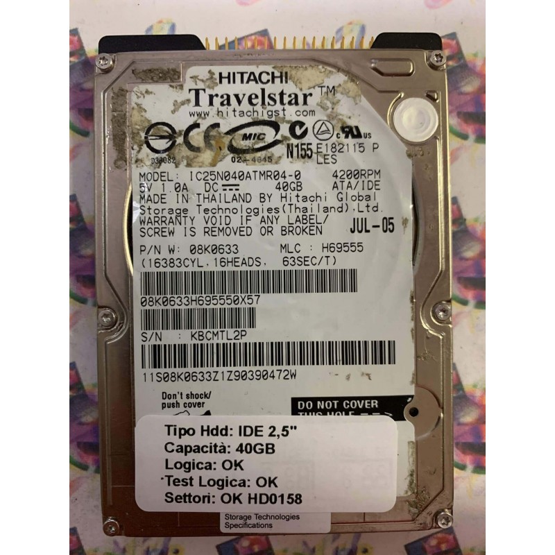 Hard Hard Disk Usato Funzionante 100% Ok IDE 2,5" 40GB HITACHI IC25N040ATMR04-0 08K0633 H69555 JUL 05