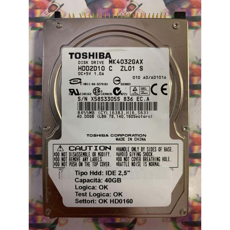 Hard Hard Disk Usato Funzionante 100% Ok IDE 2,5" 40GB TOSHIBA MK4032GAX HDD2D10 C ZL01 S