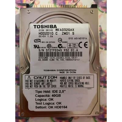 Hard Hard Disk Usato Funzionante 100% Ok IDE 2,5" 40GB TOSHIBA MK4032GAX HDD2D10 C ZW01 S