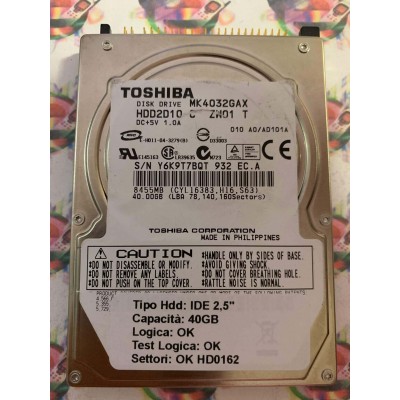 Hard Hard Disk Usato Funzionante 100% Ok IDE 2,5" 40GB TOSHIBA MK4032GAX HDD2D10 C ZW01 T