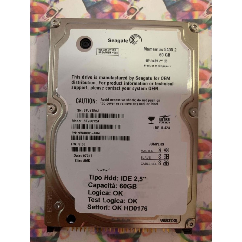 Hard Hard Disk Usato Funzionante 100% Ok IDE 2,5" 60GB SEAGATE ST96812A 9W3882-504 3.06 07216 AMK