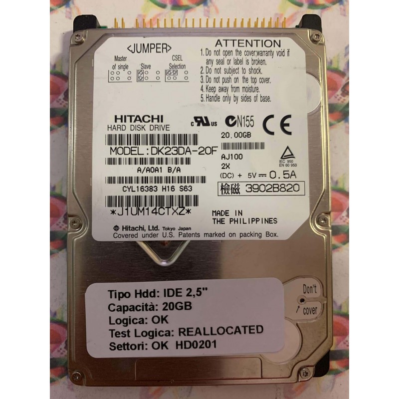 Hard Disk Usato Semifunzionante IDE 2,5" 20GB HITACHI DK23DA-20F A/A0A1 B/A AJ100 X2 CYL16383 H16 S63