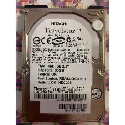 Hard Disk Usato Semifunzionante IDE 2,5" 30GB HITACHI IC25N030ATCS04-0 07N8326 H32687 FEB-03