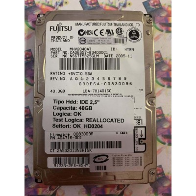 Hard Disk Usato Semifunzionante IDE 2,5" 40GB FUJITSU MHV2040AT CA06557-B34000C1 2005-11