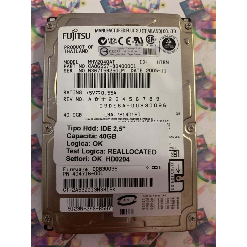 Hard Disk Usato Semifunzionante IDE 2,5" 40GB FUJITSU MHV2040AT CA06557-B34000C1 2005-11
