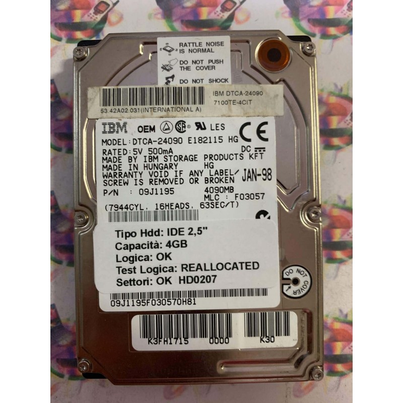 Hard Disk Usato Semifunzionante IDE 2,5" 4GB IBM DTCA-24090 09J1195 F03057 JAN-98