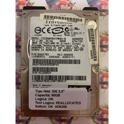 Hard Disk Usato Semifunzionante IDE 2,5" 60GB HITACHI IC25060ATMR04-0 0A24703 H69555 DEC-04