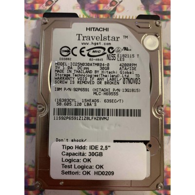 Hard Hard Disk Usato Funzionante 100% Ok IDE 2,5" 30GB HITACHI IC25N030ATMR04-0 92P6591 H69555 07NOV03