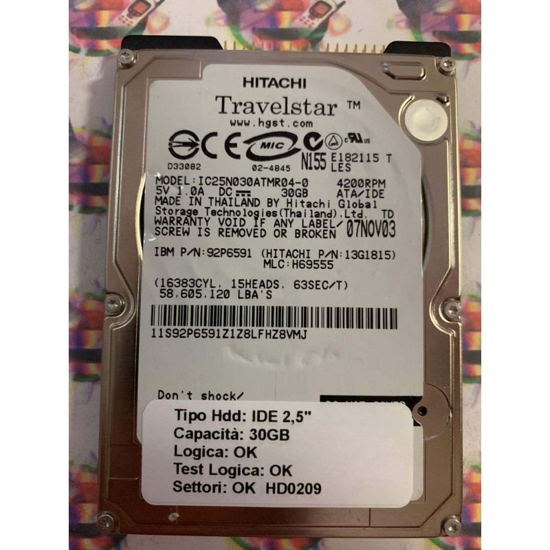 Hard Hard Disk Usato Funzionante 100% Ok IDE 2,5" 30GB HITACHI IC25N030ATMR04-0 92P6591 H69555 07NOV03