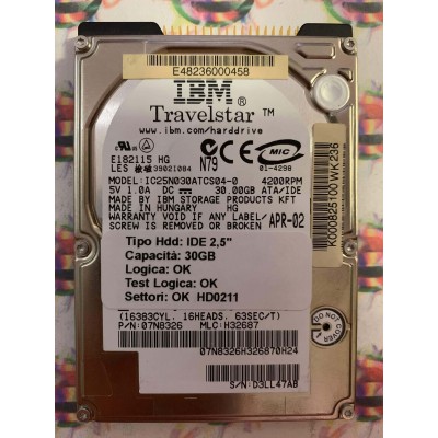 Hard Hard Disk Usato Funzionante 100% Ok IDE 2,5" 30GB IBM IC25N030ATCS04-0 07N8326 H32687 APR-02