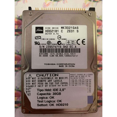 Hard Hard Disk Usato Funzionante 100% Ok IDE 2,5" 30GB TOSHIBA MK3021GAS HDD2181 C ZE01 S