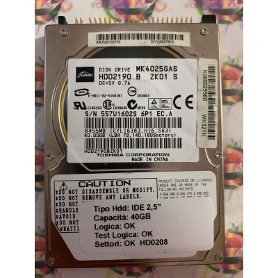 Hard Hard Disk Usato Funzionante 100% Ok IDE 2,5" 40GB TOSHIBA MK4025GAS HDD2190 B ZK01 S