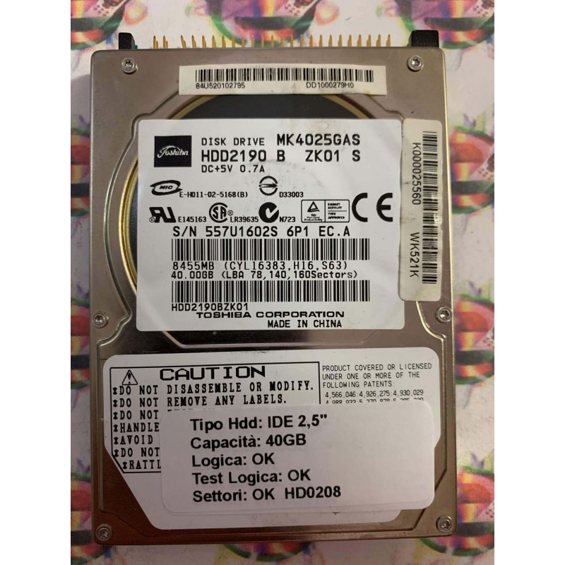 Hard Hard Disk Usato Funzionante 100% Ok IDE 2,5" 40GB TOSHIBA MK4025GAS HDD2190 B ZK01 S
