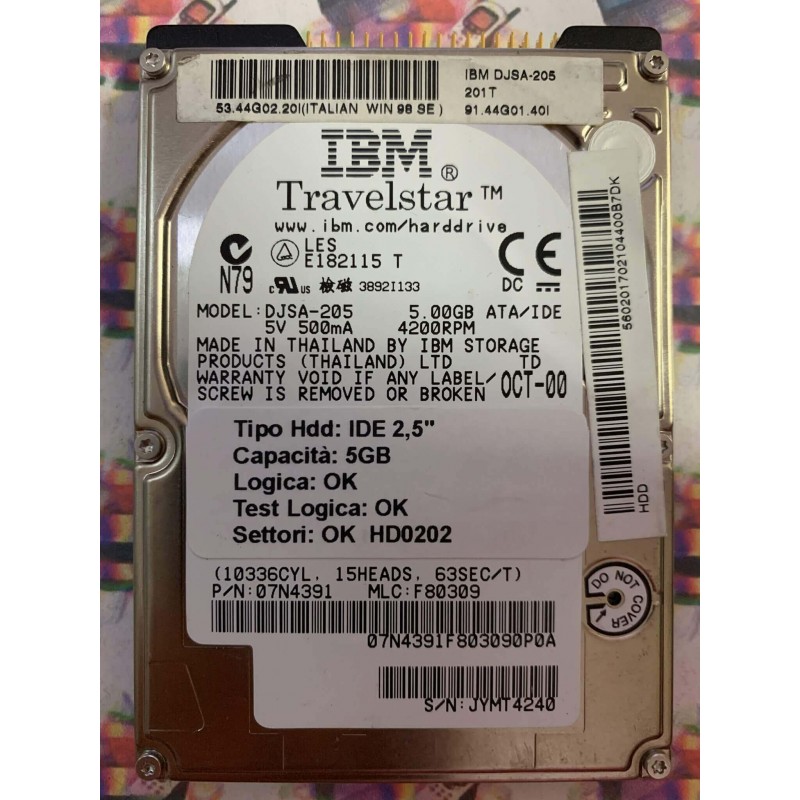 Hard Hard Disk Usato Funzionante 100% Ok IDE 2,5" 5GB IBM DJSA-205 07N4391 F80309 OCT-00