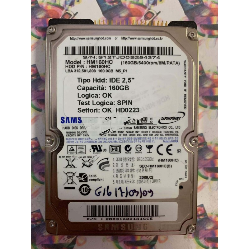 Hard Disk Usato Semifunzionante IDE 2,5" 160GB SAMSUNG HM160HC 28831A221A1CCE 2009.02