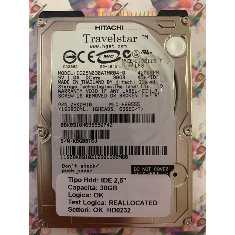 Hard Disk Usato Semifunzionante IDE 2,5" 30GB HITACHI IC25N030ATMR04-0 08K0910 H69555 FEB-04