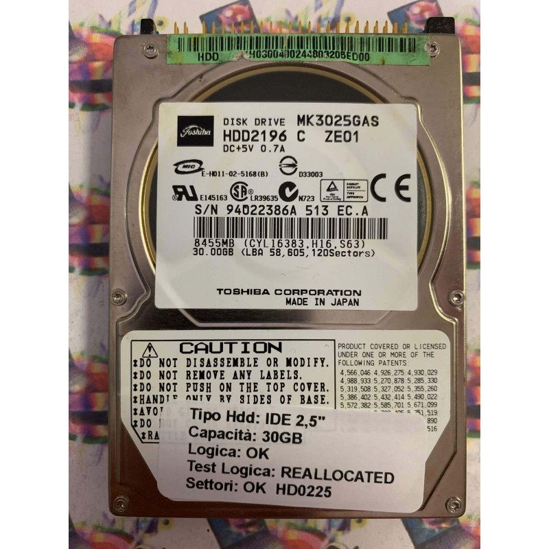 Hard Disk Usato Semifunzionante IDE 2,5" 30GB TOSHIBA MK3025GAS HDD2196 C ZE01 EC.A