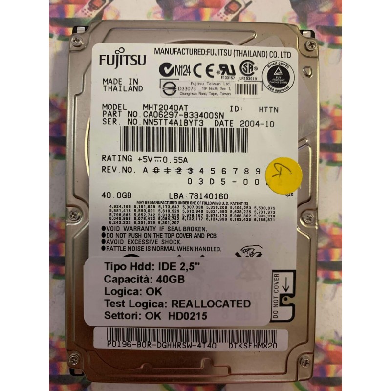 Hard Disk Usato Semifunzionante IDE 2,5" 40GB FUJITSU MHT2040AT CA06297-B33400SN 2004-10
