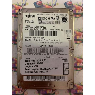 Hard Disk Usato Semifunzionante IDE 2,5" 40GB FUJITSU MHV2040AT CA06557-B124 2005-12