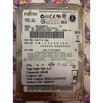 Hard Disk Usato Semifunzionante IDE 2,5" 60GB FUJITSU MHV2060AT CA06557-B57100F2 2006-09