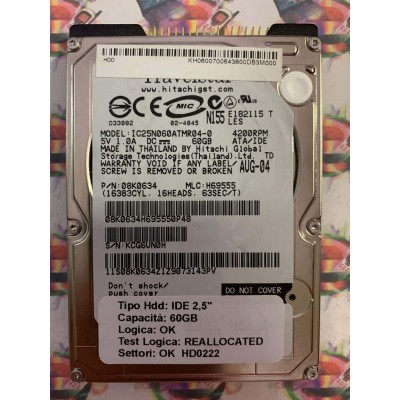 Hard Disk Usato Semifunzionante IDE 2,5" 60GB HITACHI IC25N060ATMR04-0 08K0634 H69555 AUG-04