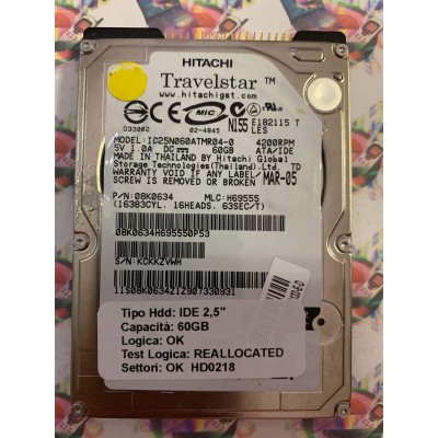 Hard Disk Usato Semifunzionante IDE 2,5" 60GB HITACHI IC25N060ATMR04-0 08K0634 H69555 MAR-05