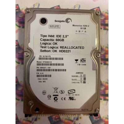 Hard Disk Usato Semifunzionante IDE 2,5" 60GB SEAGATE ST960821A 9AH237-187 3.01 06265 WU