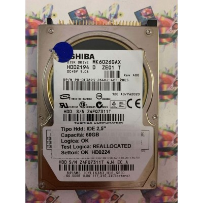 Hard Disk Usato Semifunzionante IDE 2,5" 60GB TOSHIBA MK6026GAX HDD2194 D ZE01 T A0/PA202D