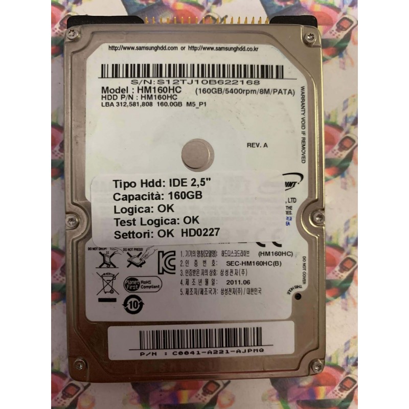 Hard Hard Disk Usato Funzionante 100% Ok IDE 2,5" 160GB SAMSUNG HM160HC C0041-A221-AJPMQ 2011.06