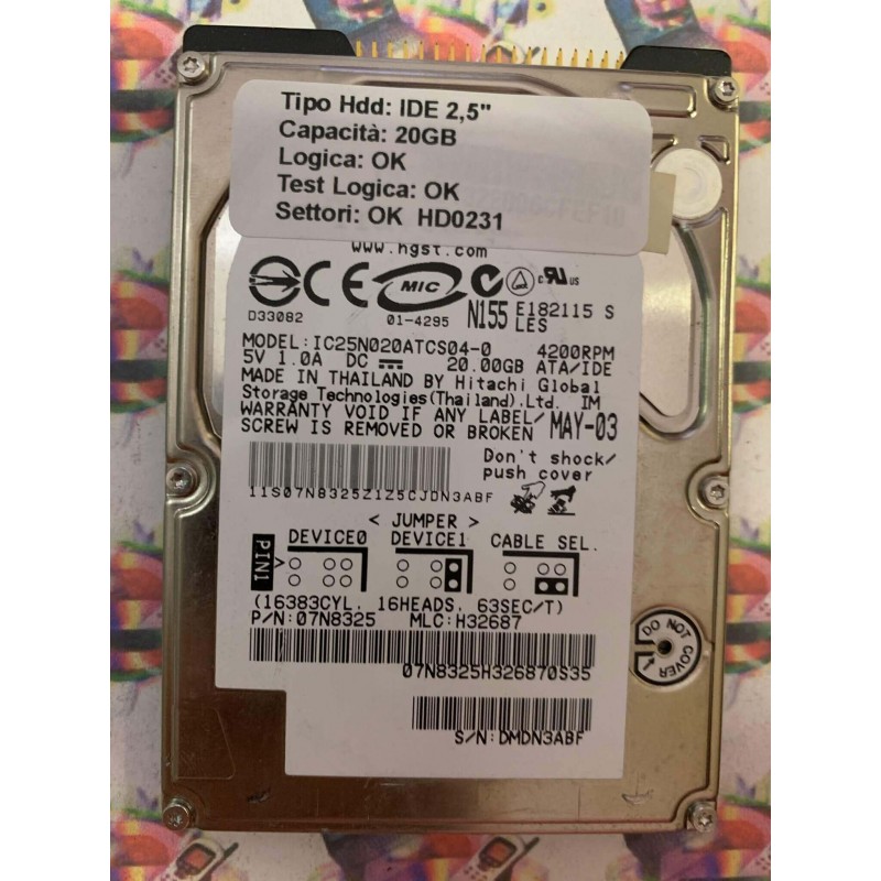 Hard Hard Disk Usato Funzionante 100% Ok IDE 2,5" 20GB HITACHI IC25N020ATCS04-0 07N8325 H32687 MAY-03