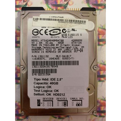 Hard Hard Disk Usato Funzionante 100% Ok IDE 2,5" 40GB HITACHI HTS424040M9AT00 13G1132 DA1017 SEP-04