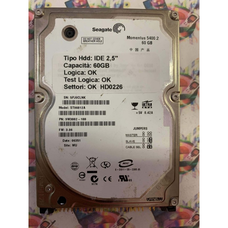 Hard Hard Disk Usato Funzionante 100% Ok IDE 2,5" 60GB SEAGATE ST96812A 9W3882-188 3.06 06351 WU