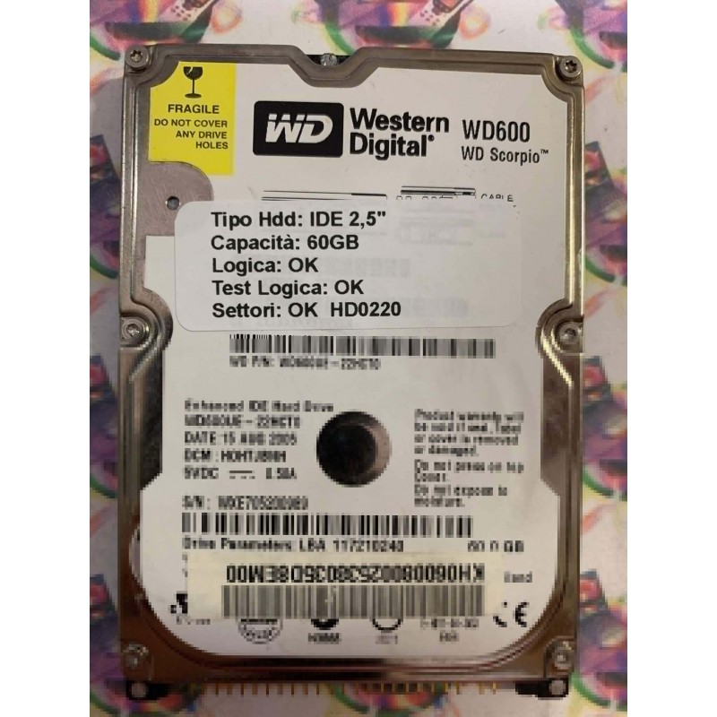 Hard Hard Disk Usato Funzionante 100% Ok IDE 2,5" 60GB WESTERN DIGITAL WD600UE-22HCT0 HOHTJBNH 15 AUG 2005