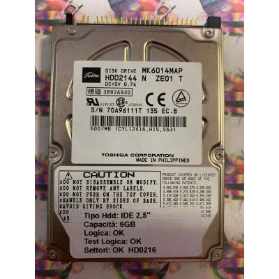 Hard Hard Disk Usato Funzionante 100% Ok IDE 2,5" 6GB TOSHIBA MK6014MAP HDD2144 N ZE01 T EC.B