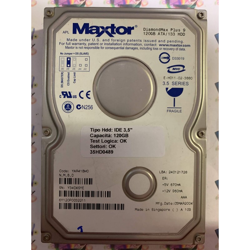 Hard Disk Usato Funzionante 100% Ok IDE 3,5" 120GB MAXTOR 6Y120P0 6Y120P0032211 YAR41BW0 05 MAR 2004