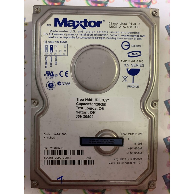 Hard Disk Usato Funzionante 100% Ok IDE 3,5" 120GB MAXTOR 6Y120P0 6Y120P0132811 YAR41BW0 21 SEP 2005