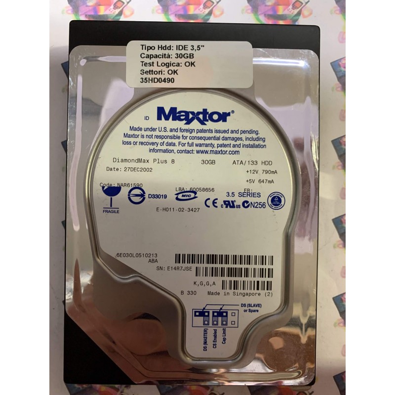 Hard Disk Usato Funzionante 100% Ok IDE 3,5" 30GB MAXTOR 6E030L0 6E030L0510213 NAR61590 27 DEC 2002