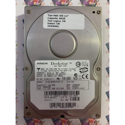 Hard Disk Usato Funzionante 100% Ok IDE 3,5" 60GB HITACHI IC35L060AVV207-0 08K0994 H69205 FEB-2003