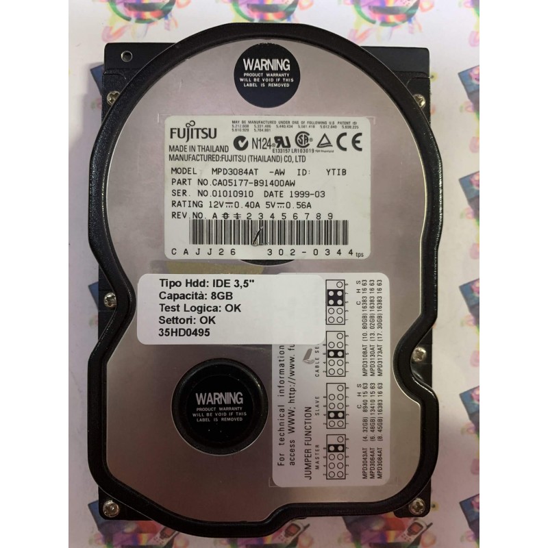 Hard Disk Usato Funzionante 100% Ok IDE 3,5" 8GB FUJITSU MPD3084AT CA05177-B91400AW 1999-03
