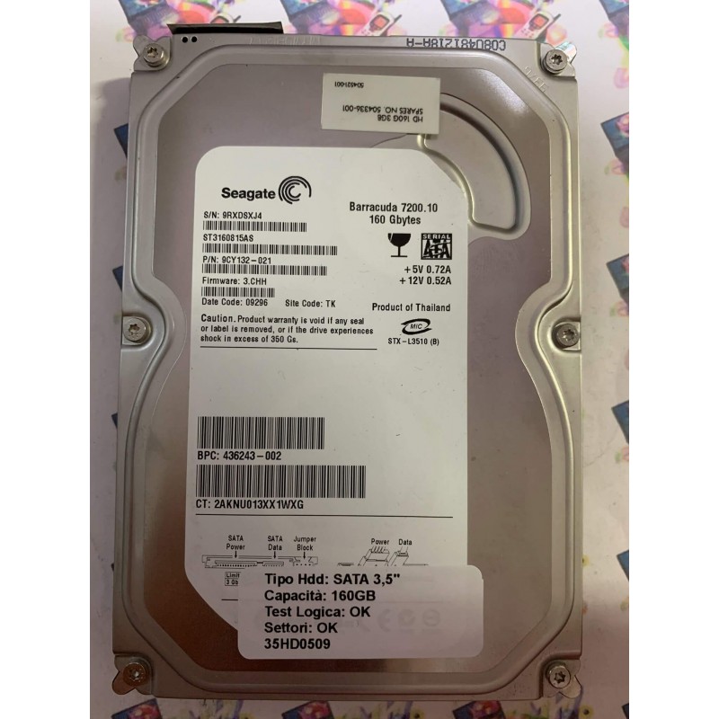 Hard Disk Usato Funzionante 100% OK SATA 3,5" 160GB SEAGATE ST3160815AS 9CY132-021 3.CHH 09296 TK