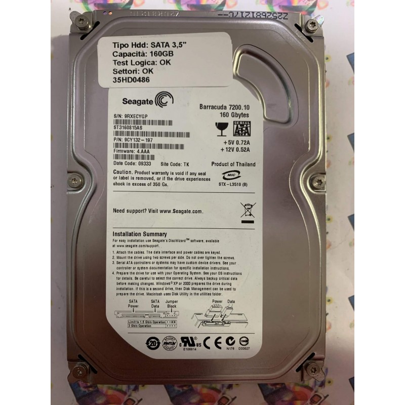 Hard Disk Usato Funzionante 100% Ok SATA 3,5" 160GB SEAGATE ST3160815AS 9CY132-197 4.AAA 09333 TK