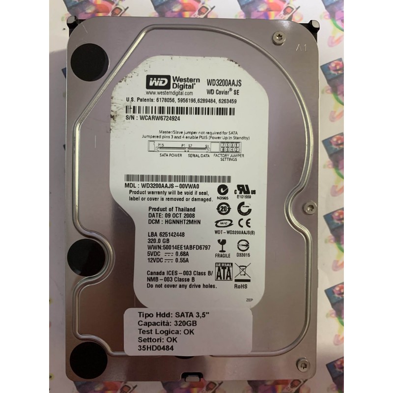 Hard Disk Usato Funzionante 100% Ok SATA 3,5" 320GB WD WD3200AAJS-00VWA0 HGNNHT2MHN 09 OCT 2008