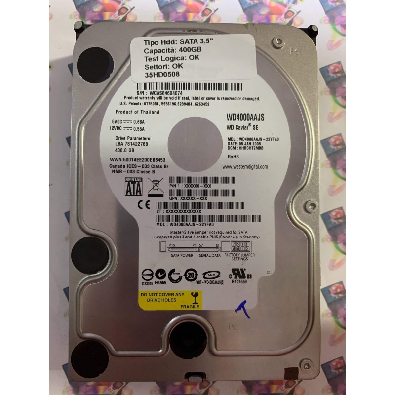 Hard Disk Usato Funzionante 100% OK SATA 3,5" 400GB WD WD4000AAJS-22YFA0 HHRCHT2MBB 08 JAN 2008