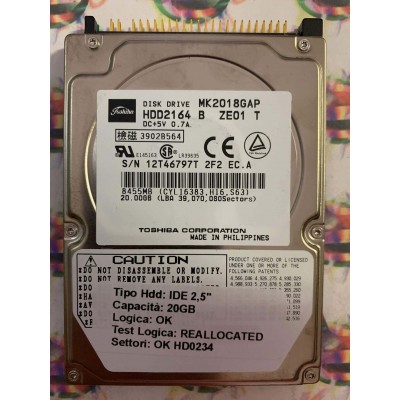 Hard Disk Usato Semifunzionante IDE 2,5" 20GB TOSHIBA MK2018GAP HDD2164 B ZE01 T 2F2 EC.A