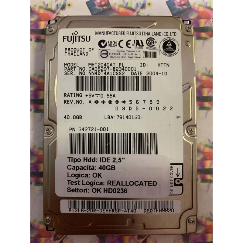 Hard Disk Usato Semifunzionante IDE 2,5" 40GB FUJITSU MHT2040AT CA06297-B23400C1 2004-10