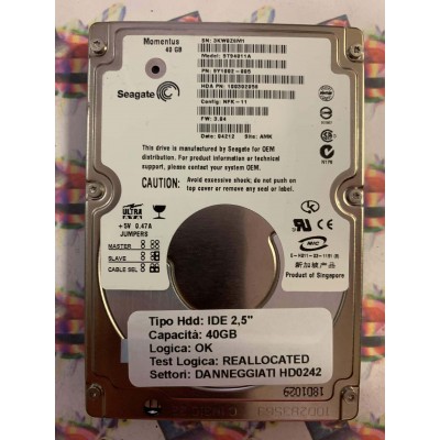 Hard Disk Usato Semifunzionante IDE 2,5" 40GB SEAGATE ST94011A 9Y1002-005 3.04 04212 AMK