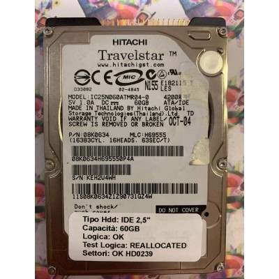Hard Disk Usato Semifunzionante IDE 2,5" 60GB HITACHI IC25N060ATMR04-0 08K0634 H69555 OCT-04